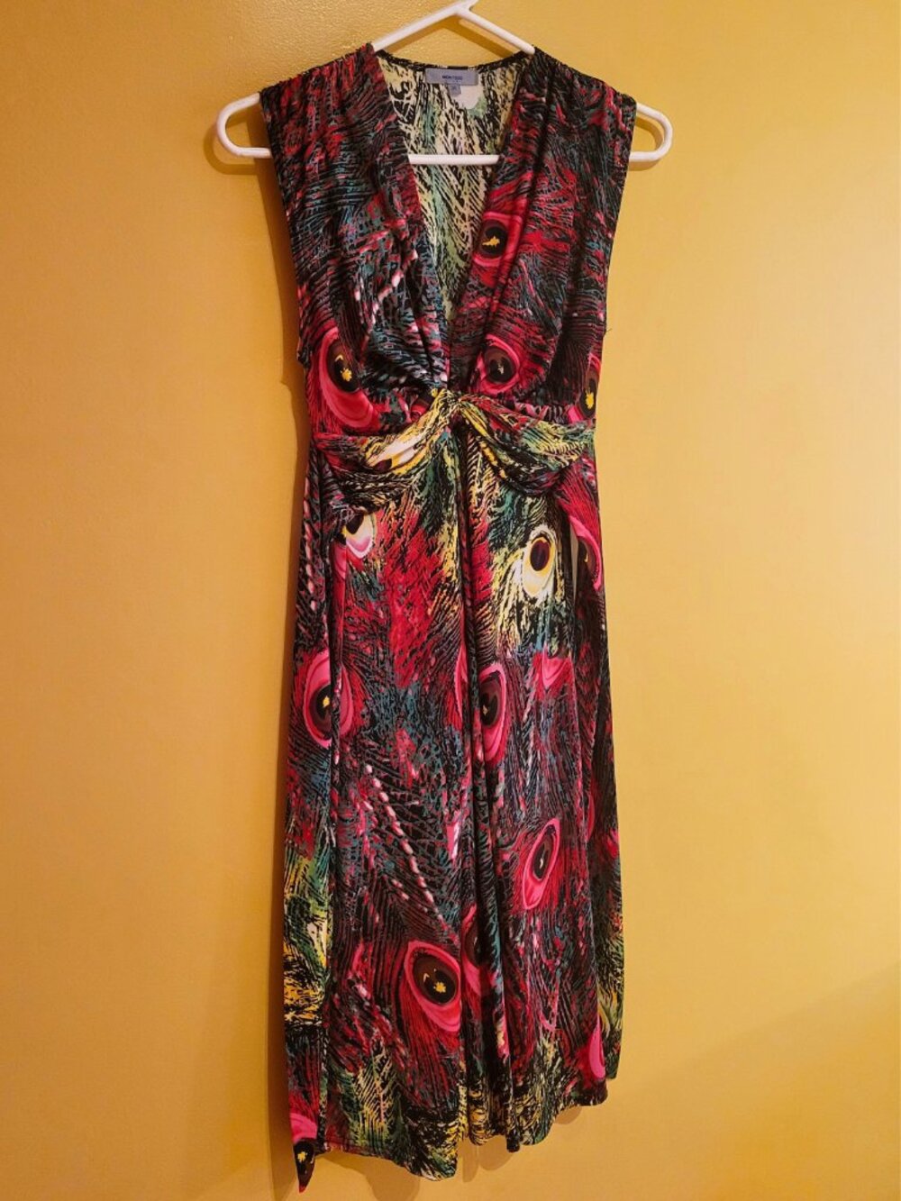 Montego Vintage Peacock Feather Print V-Neck Midi Dress Size 36 / US S-M